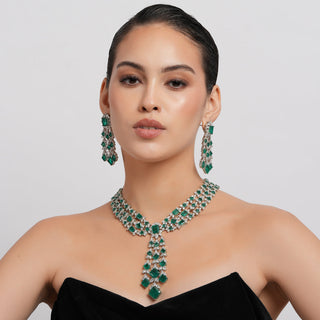 Afrah - Three Layer Cubic Zirconia Green Stone Necklace Set