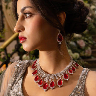 Afroza - Cubic Zirconia Emerald Green Tear Drop Necklace Set