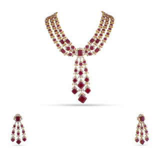 AFRAH - THREE LAYER CUBIC ZIRCONIA RED STONE NECKLACE SET