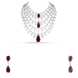 BARZAH - RED STONE DROP MULTI LAYER CZ NECKLACE SET