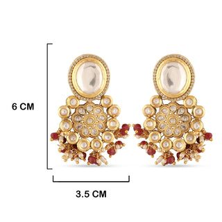 Red Bead Kundan Earrings with measurements in cm. 6cm by 3.5cm.