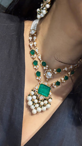 Roshni - Emerald Green Polki & White Doublet Necklace