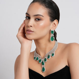 Afizah - Emerald Green Stone American Diamond Necklace Set