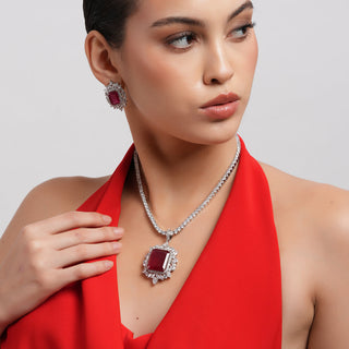 Kendra - Ruby Stone Centred CZ Necklace Set