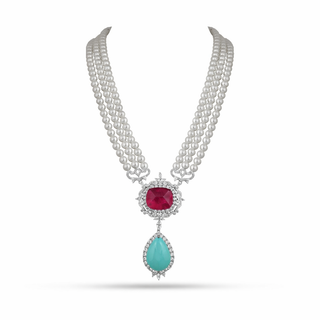 Aighar - Pearl & Green Doublet Stone CZ Long Necklace