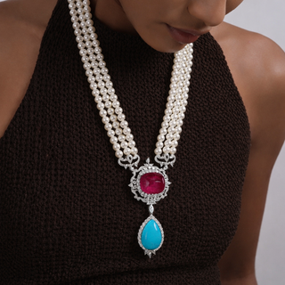 Aighar - Pearl & Green Doublet Stone CZ Long Necklace