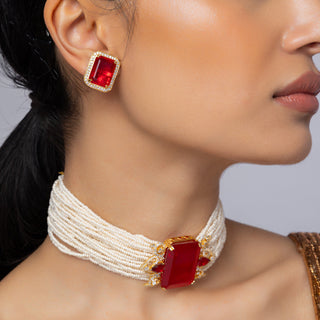 Hoor - Red Doublet & Pearl Choker Set