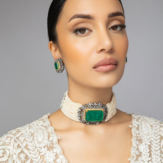 Elyanna- Green Doublet Stone & Pearl Choker Set