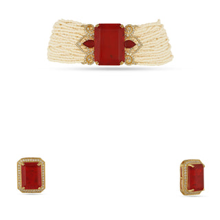 Hoor - Red Doublet & Pearl Choker Set