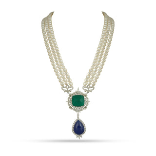 Aighar - Blue & Green Doublet Stone Pearl Long Necklace