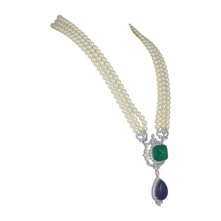 Aighar - Blue & Green Doublet Stone Pearl Long Necklace