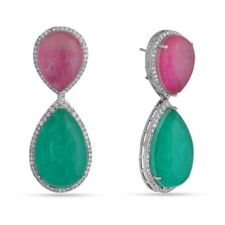 Isir - Green & Pink Cabochon Stone Dangler Earrings