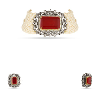 Elyanna-  Red Doublet Stone & Pearl Choker Set