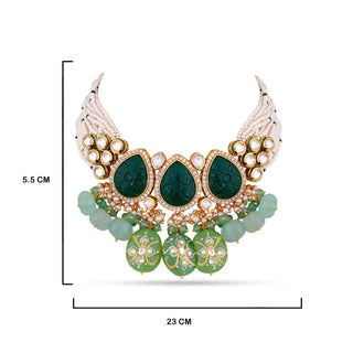 Multi Green Kundan Choker with measurements in cm. 5.5cm by 23cm.