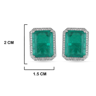 Cubic Zirconia Green Stone Earrings with measurements in cm. 2cm by 1.5cm.