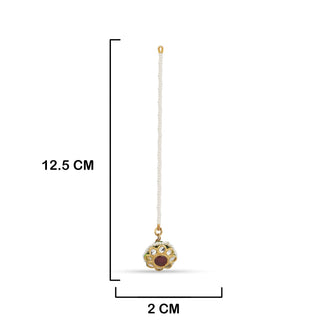 Red Centred Pearled Maang Tikka with measurements in cm. 12.5cm by 2cm.