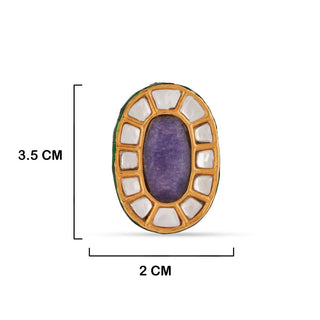 Purple Centred Kundan Ring with measurements in cm. 3.5cm by 2cm.