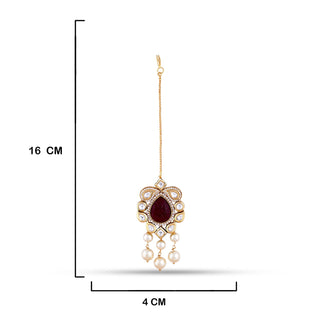 Red Stone Kundan Pearl Maang Tikka with measurements in cm. 16cm by 4cm.