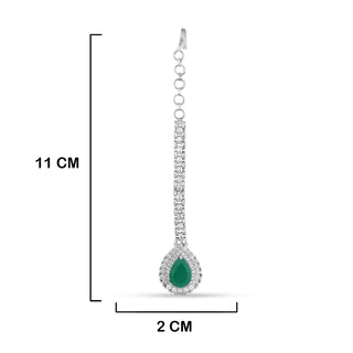 CZ Green Tear Drop Stoned Maang Tikka with measurements in cm. 11cm by 2cm.