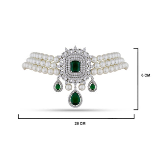 Cubic Zirconia Green Stone Pearl Choker with measurements in cm. 6cm by 28cm.