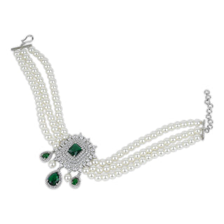 Cubic Zirconia Green Stone Pearl Choker