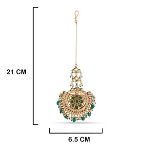 Kundan Green Bead Maang Tikka with measurements in cm. 21cm by 6.5cm.