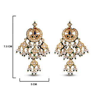 Green Stone Kundan Earrings with measurements in cm. 7.5cm by 5cm.