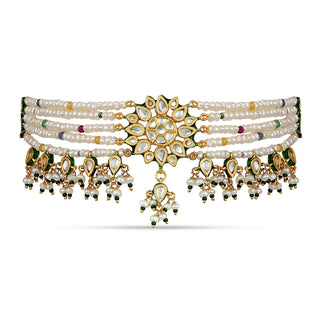 White Bead Kundan Flower Centred Choker