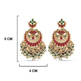 Red Meenakari Kundan Earrings with measurements in cm. 9cm by 4cm.