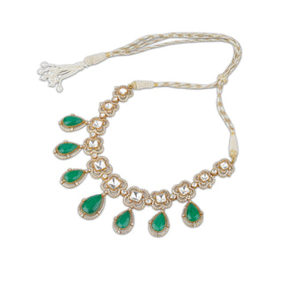 Firdaus - Kundan and emerald green stone necklace set