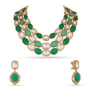 Deeba - Polki and Emerald green stone necklace set