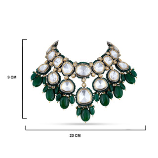 Green Drop Polki Choker with measurements in cm. 9cm by 23cm.