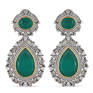 Emerald Green Stone Black CZ Dangle Earrings