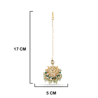 Green Bead Kundan Maang Tikka with measurements in cm. 17cm by 5cm.