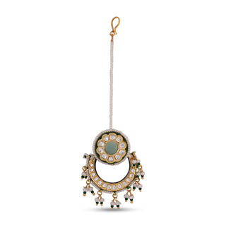 reen Centred Kundan Beaded Maang Tikka