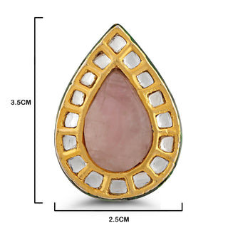 Drop Shape Pink Centred Kundan Ring with measurements in cm. 3.5cm by 2.5cm.