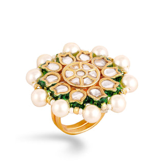 Gold plated silver mix base metal kundan ring. The ring has hand-painted meenakari work at the back.