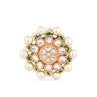 Gold plated silver mix base metal kundan ring. The ring has hand-painted meenakari work at the back.