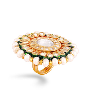 Gold plated silver mix base metal kundan ring. The ring has hand-painted meenakari work at the back.