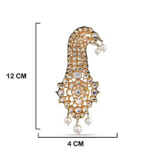 Classic Kundan and Meenakari Pearled Kalgi with measurements in cm. 12cm by 4cm.