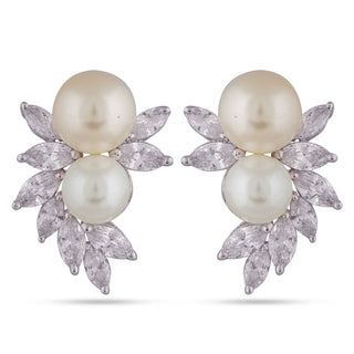 Flower Shaped Pearled CZ Earrings