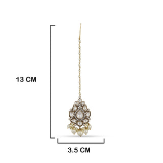 Dark Gold Polki Maang Tikka with measurements in cm,. 13cm by 3.5cm.