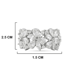 Cubic Zirconia Flower Ring with measurements in cm. 2.5cm by 1.5cm.