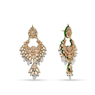 Green and White Bead Kundan Earrings