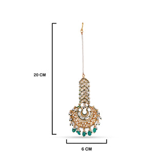 Green Drop Kundan Meenakari Maang Tikka with measurements in cm. 20cm by 6cm. 