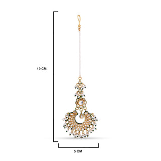 Classic Kundan Meenakari Maang Tikka with measurements in cm. 19cm by 5cm.