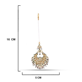 Beaded Kundan Maang Tikka with measurements in cm. 16cm by 5cm.