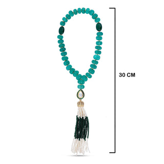 Green Beaded Tasbih with measurements in cm. 30cm in length.