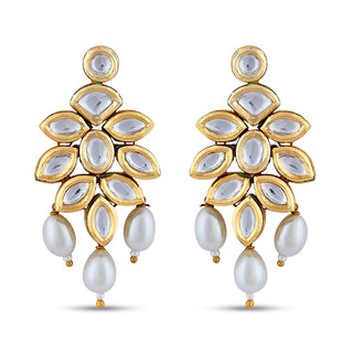 White Drop Kundan Earrings. Full Front View.