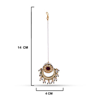 Beaded Borla Maang Tikka with measurements in cm. 14cm by 4cm.